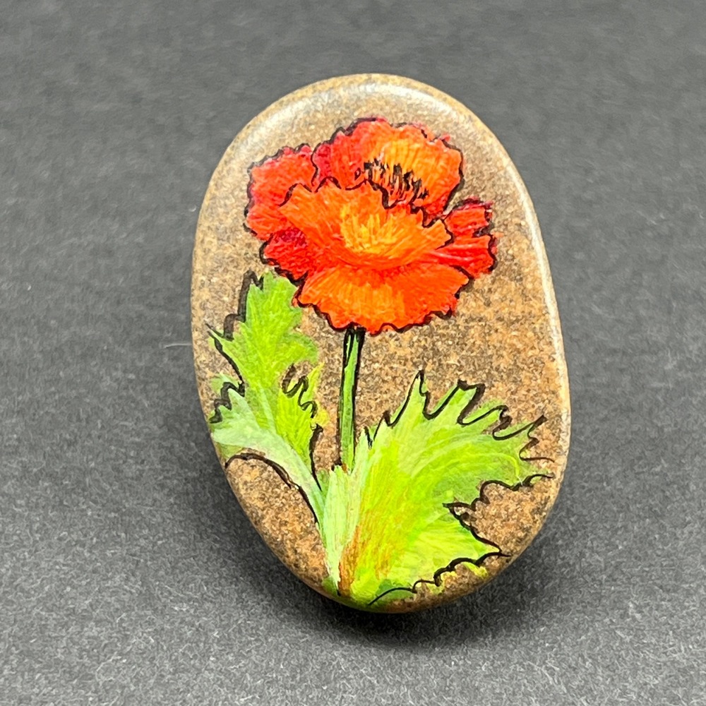 Vintage Odette Brooch Red Poppy Hand Painted Stone Floral Artist Signed